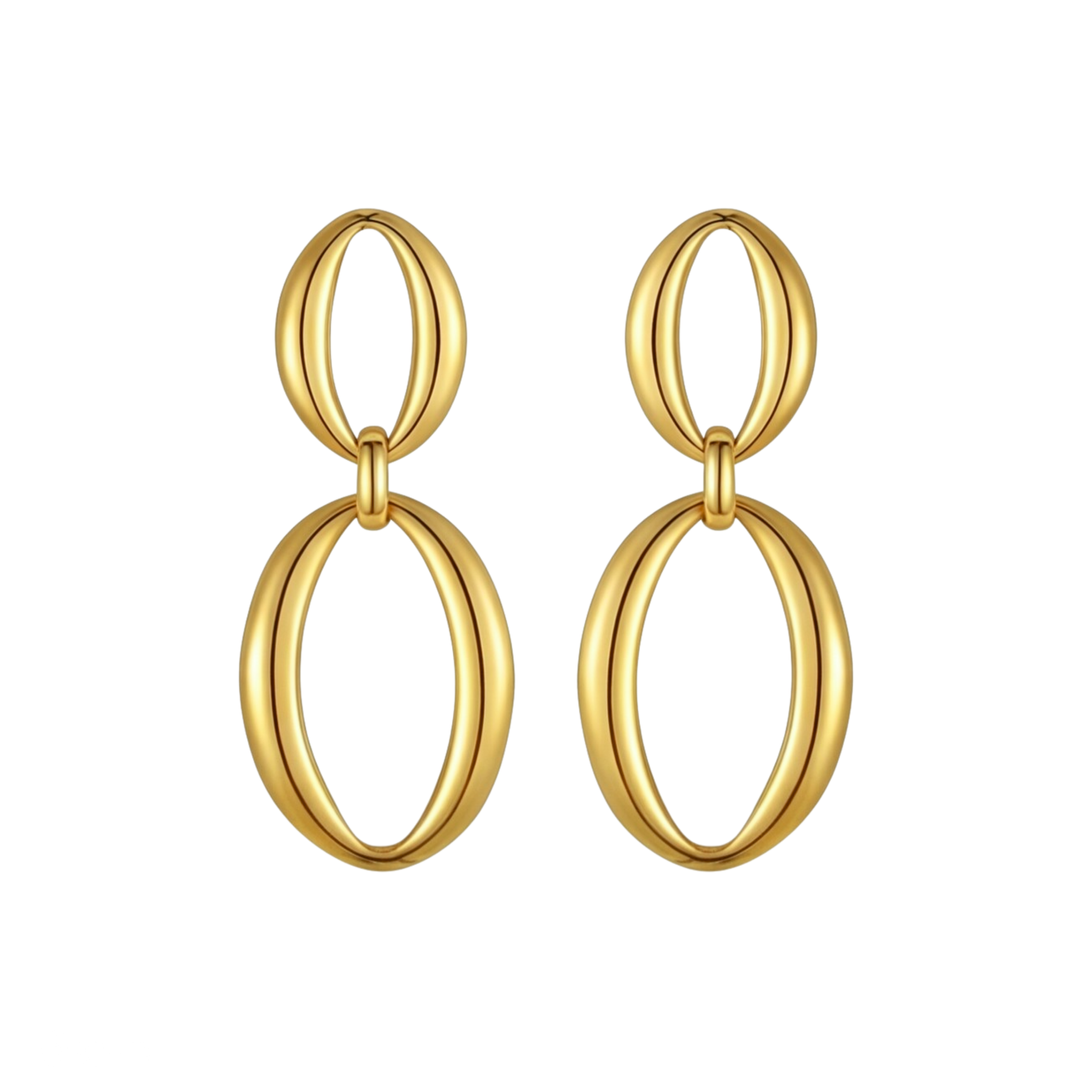 Pair of gold hoop earrings on a white background