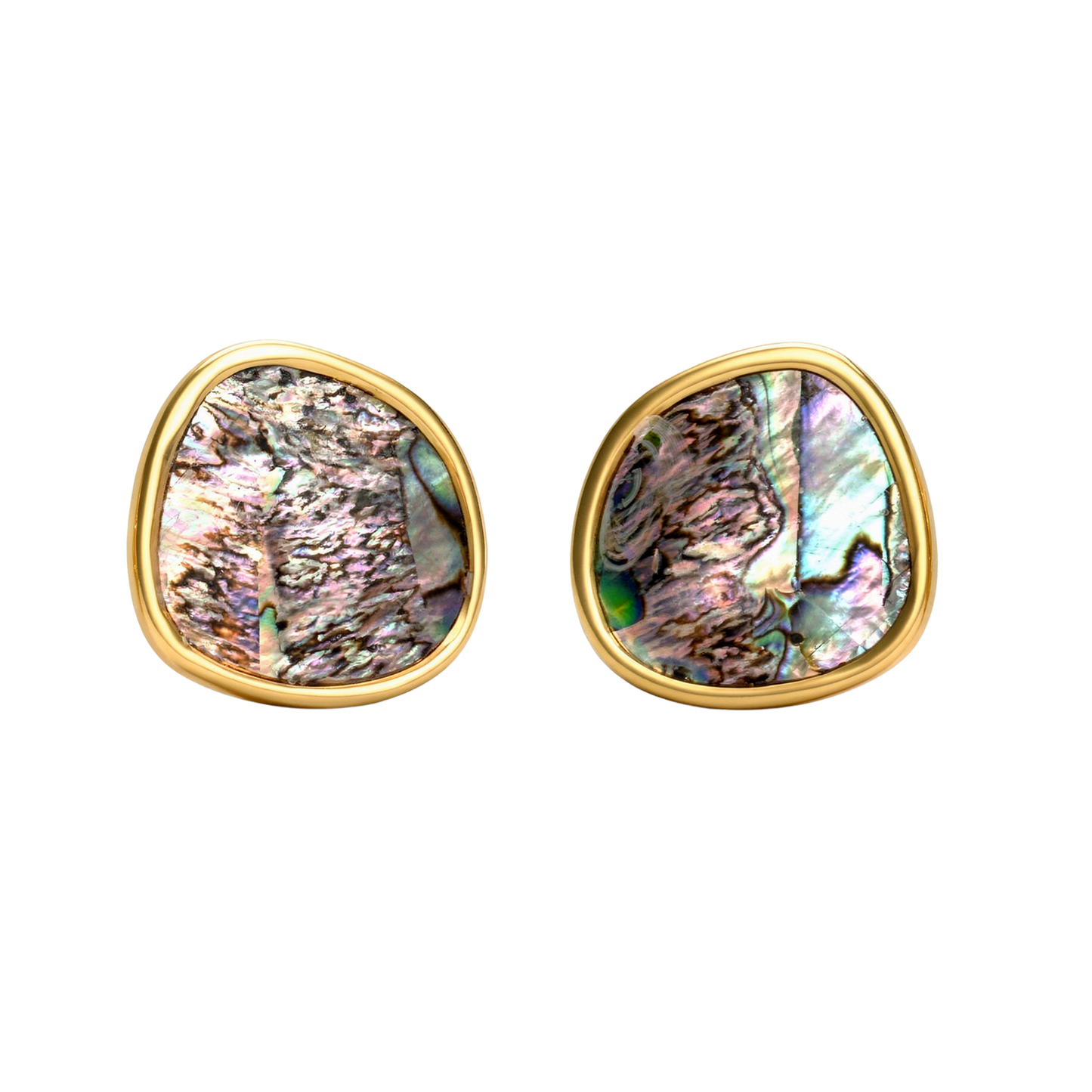 Pair of gold-framed abalone shell stud earrings on a white background