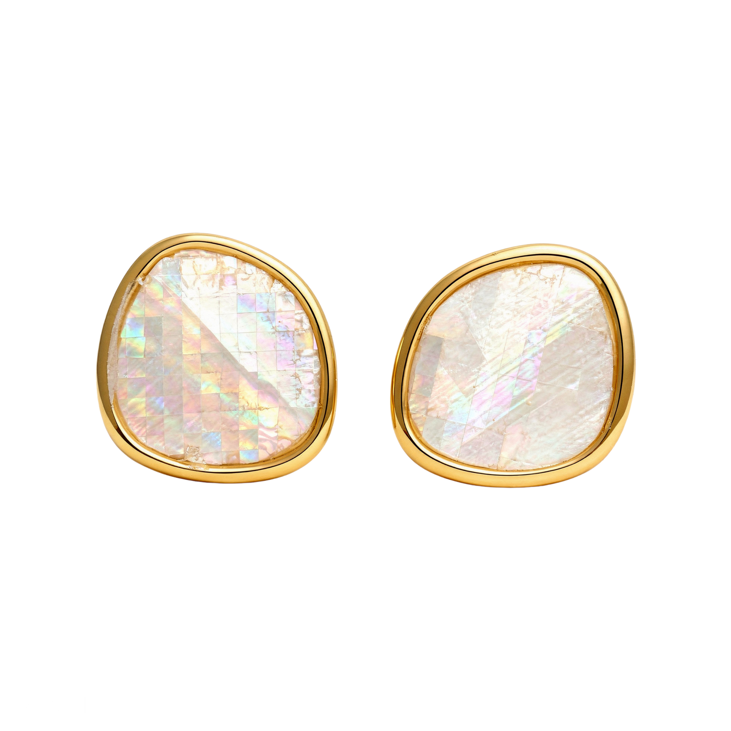 Gold-framed earrings with iridescent stones on a white background