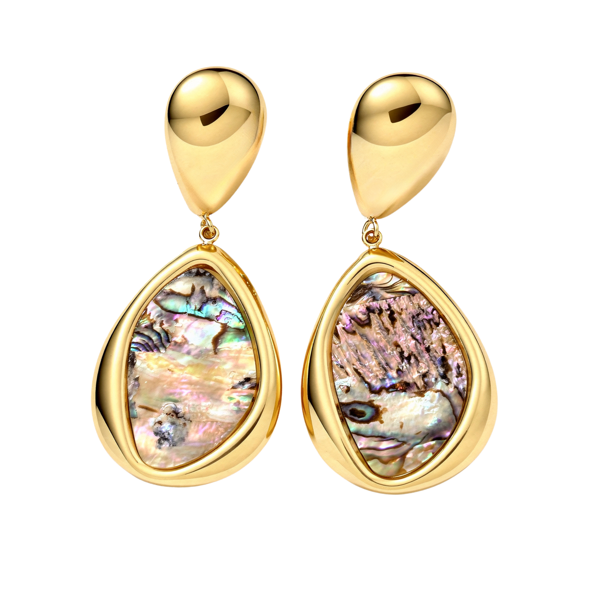Gold earrings with multicolored abalone shell drops on a white background
