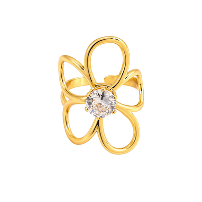 Gold flower-shaped ring with a central gemstone on a white background