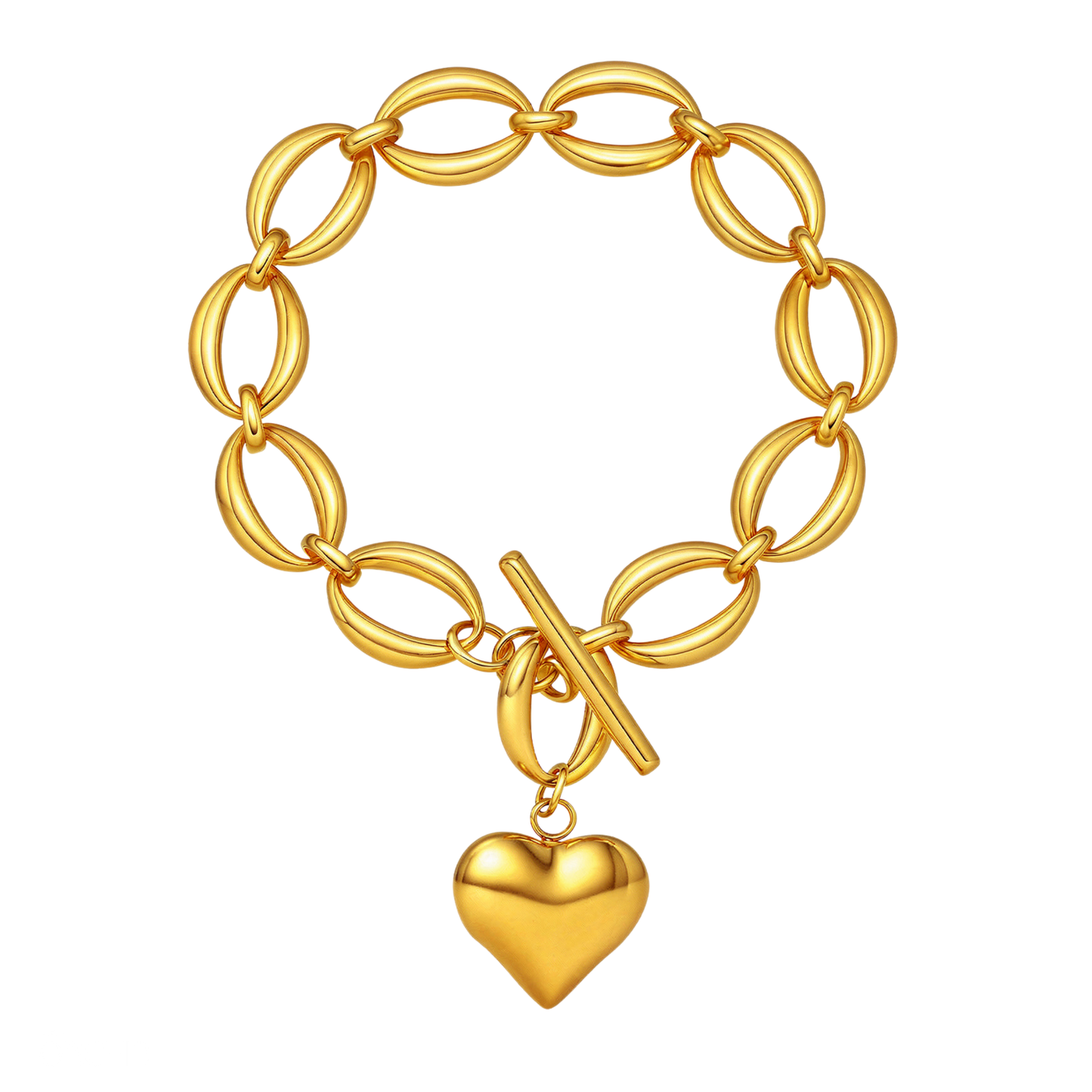 Gold chain bracelet with a heart-shaped charm on a white background