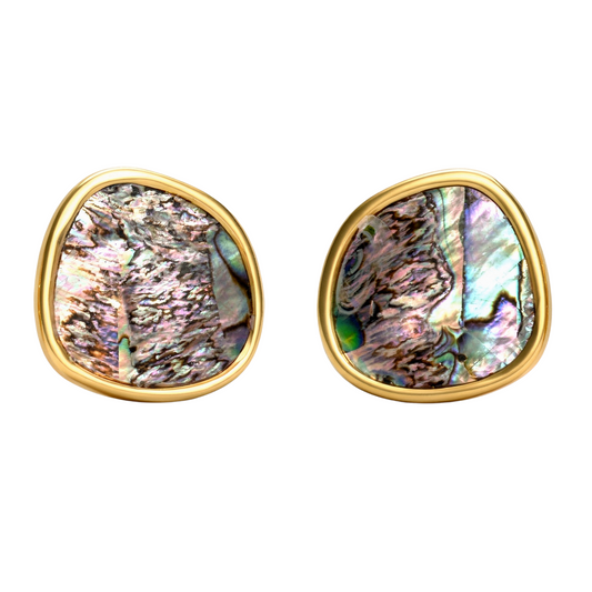 Pair of gold-framed abalone shell stud earrings on a white background