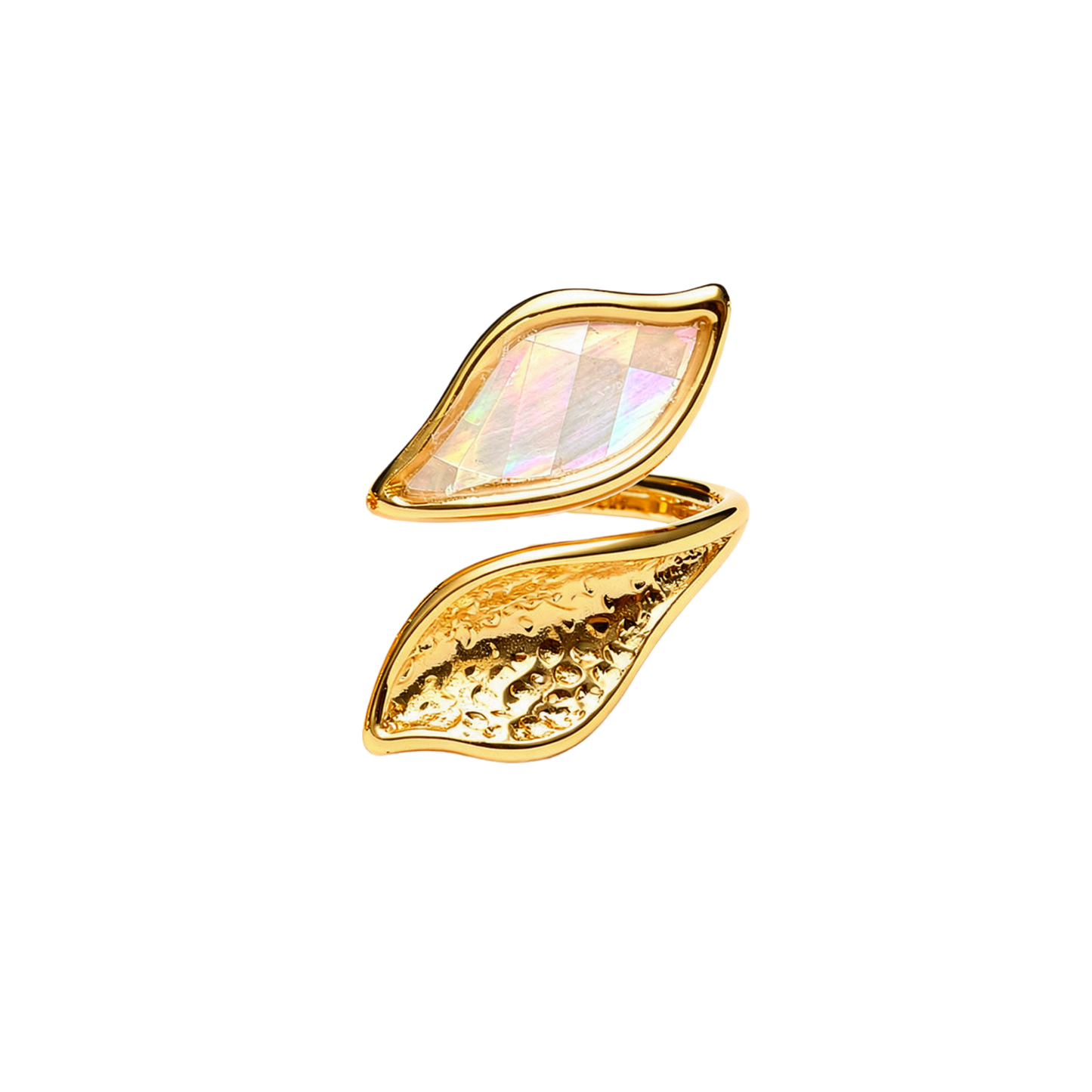 Gold leaf-shaped earring with a multicolored gemstone on a white background
