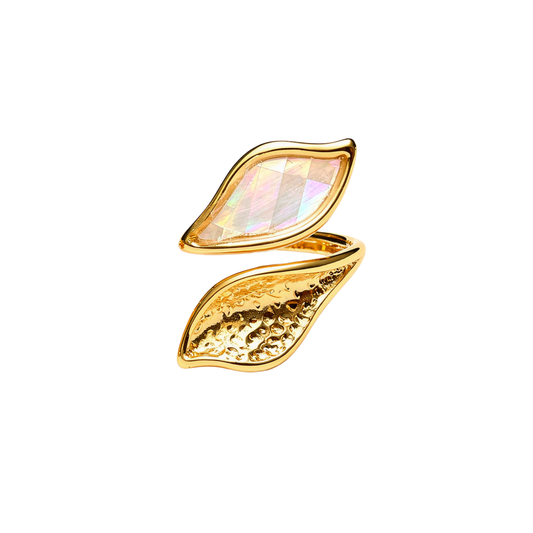 Gold leaf-shaped earring with a multicolored gemstone on a white background