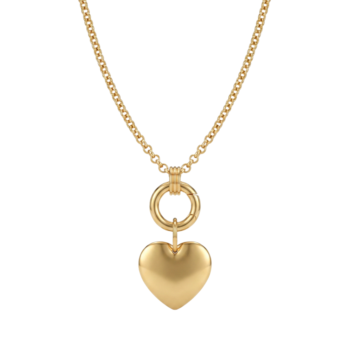 Gold carabiner charm necklace with engraved charm on white background
