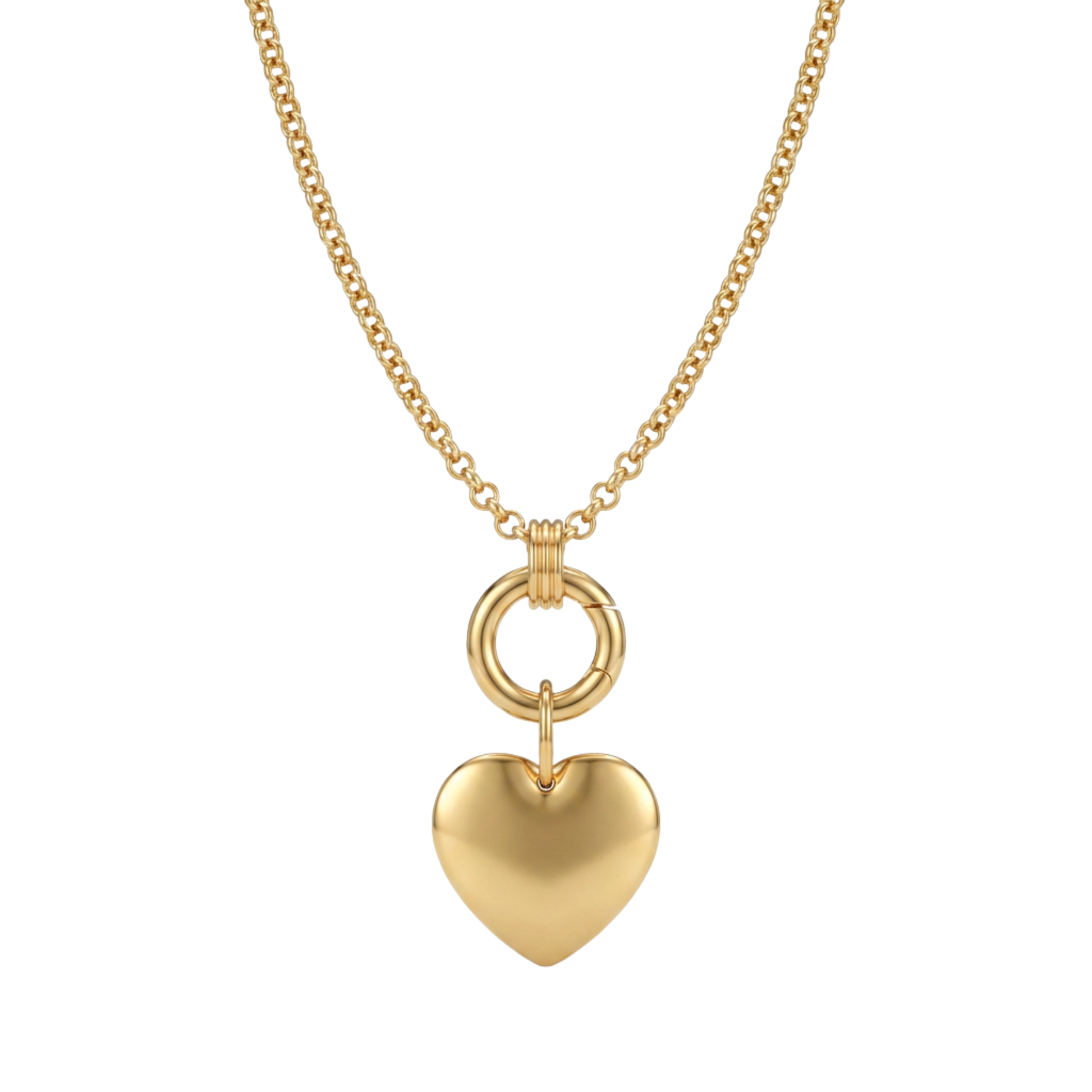 Gold carabiner charm necklace with engraved charm on white background
