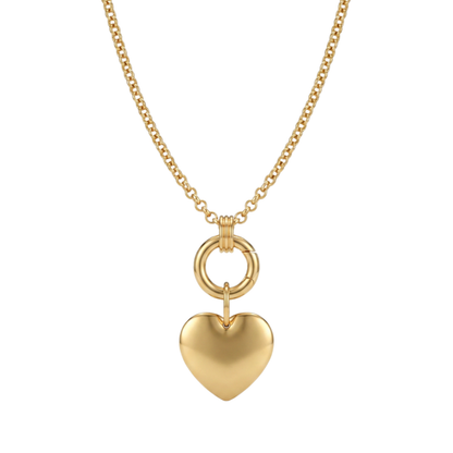 Gold carabiner charm necklace with engraved charm on white background