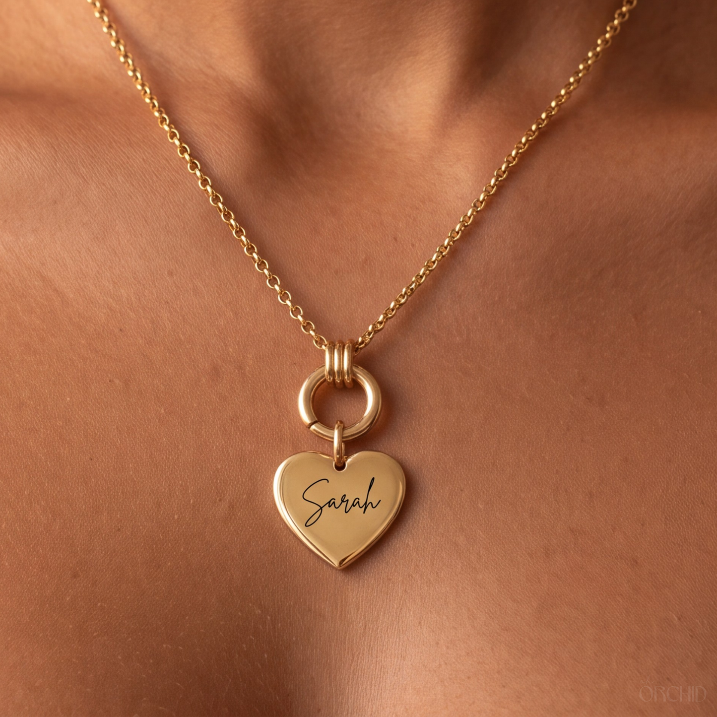 Gold carabiner charm necklace with engraved charm, view 6