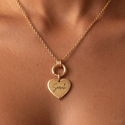 Gold carabiner charm necklace with engraved charm, view 6