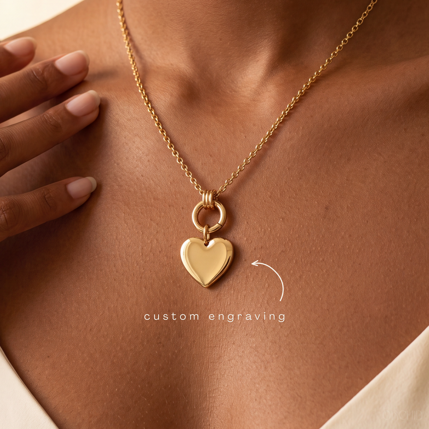 Gold carabiner charm necklace with engraved charm, view 2