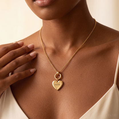 Gold carabiner charm necklace with engraved charm, view 4