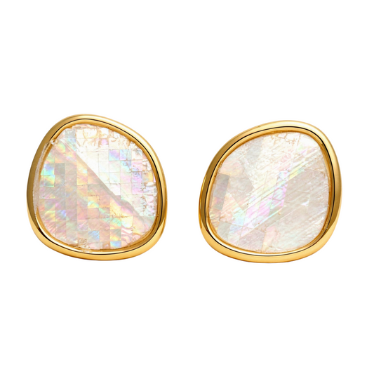 Gold-framed stud earrings with iridescent mother of pearl stones on a white background