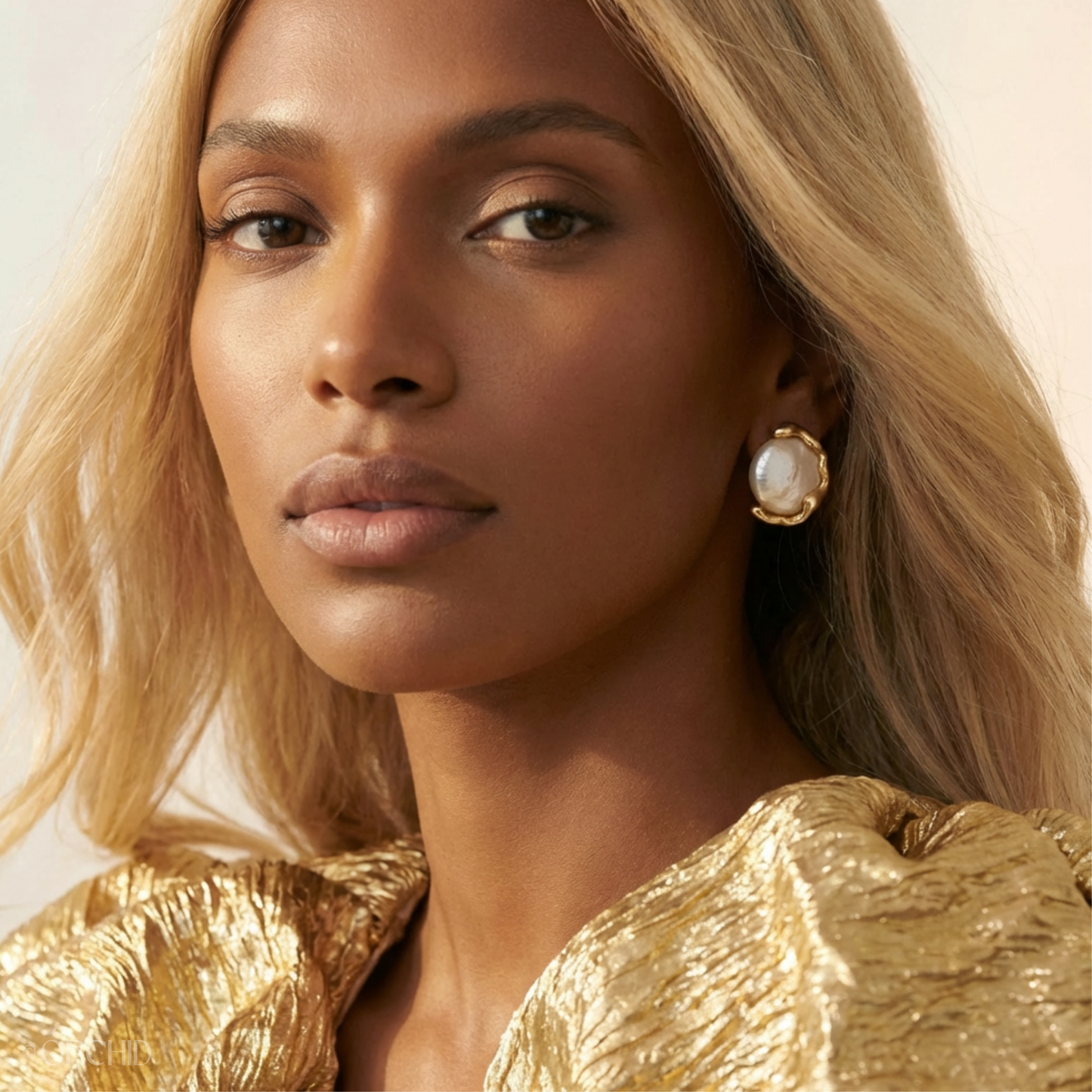 Woman wearing gold earrings and a gold top against a neutral background