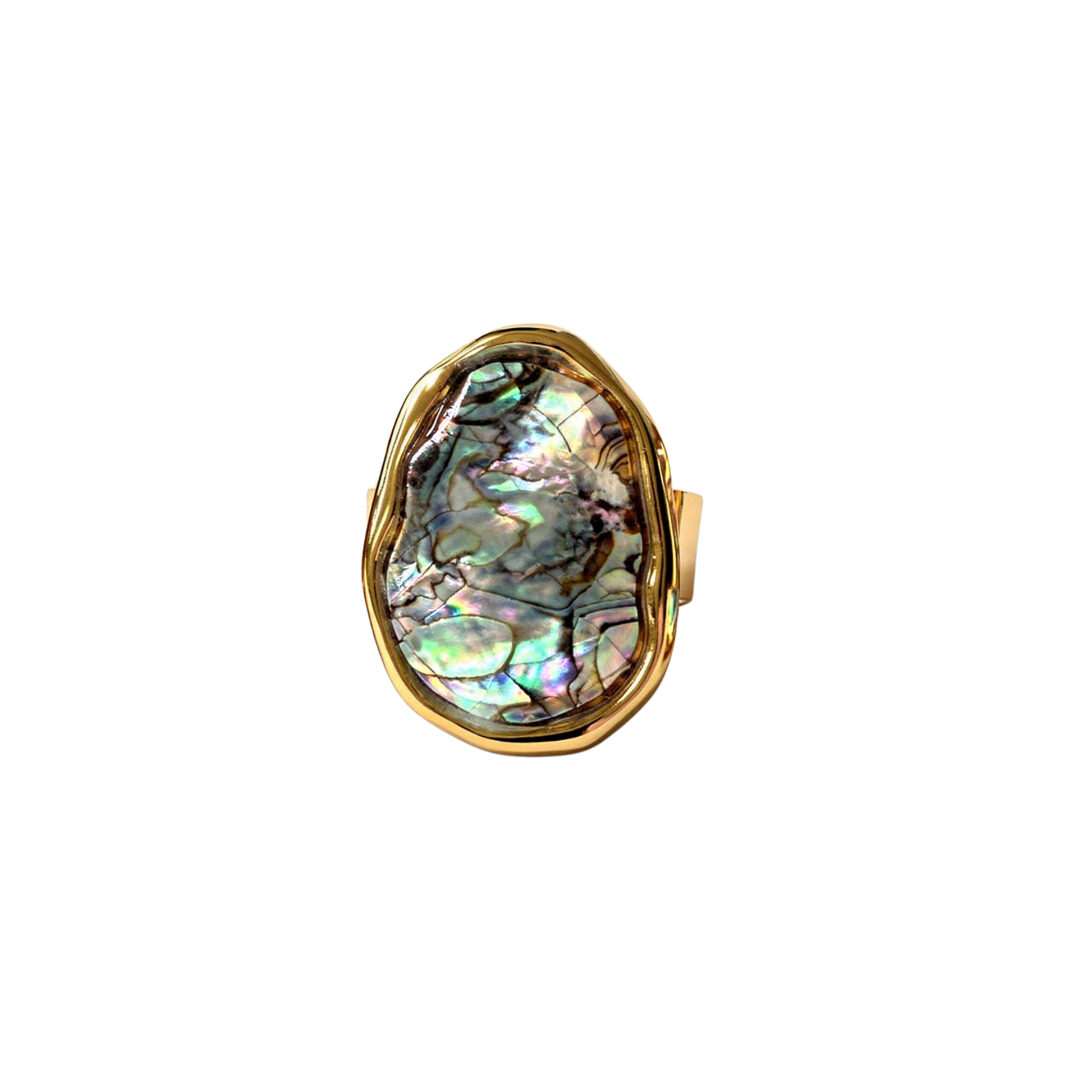 Gold ring with an abalone shell inlay on a white background