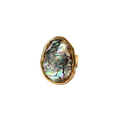 Gold ring with an abalone shell inlay on a white background
