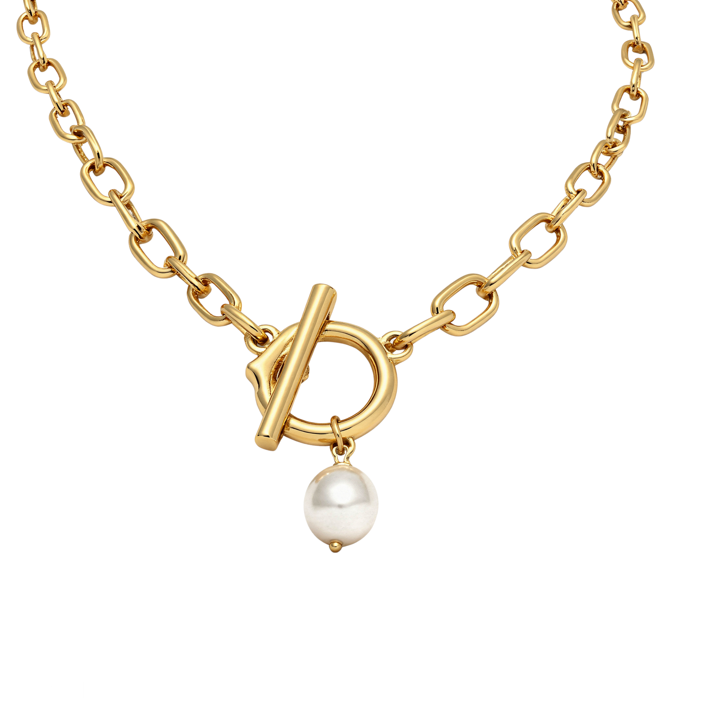 Gold necklace with a pearl pendant on a white background