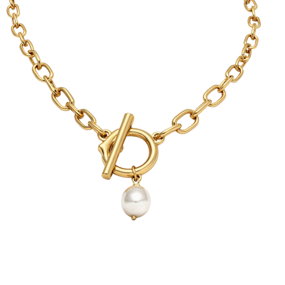 Gold necklace with a pearl pendant on a white background