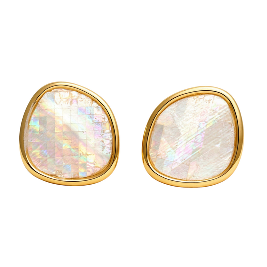 Gold-framed earrings with iridescent stones on a white background