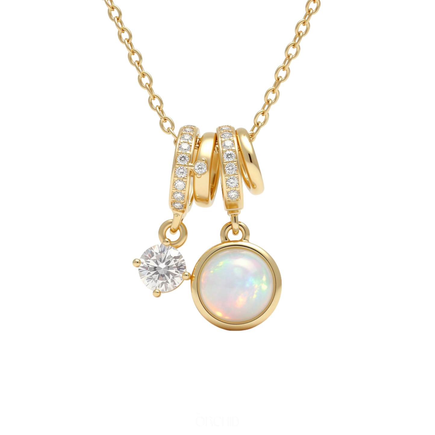 Gold necklace with opal and charm pendants on a white background