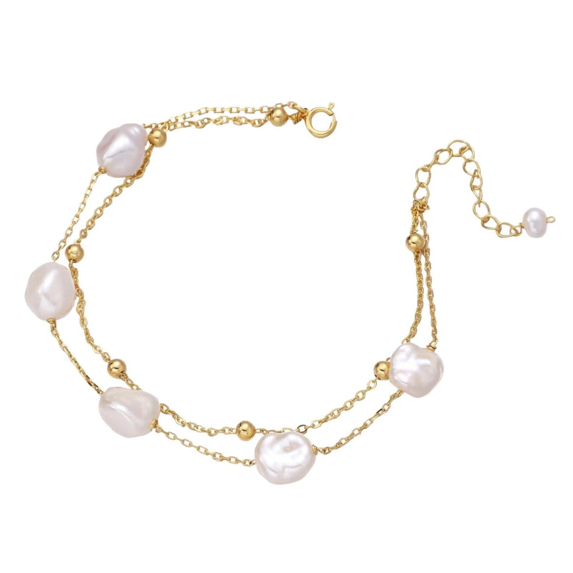 Layered Gold bracelet with baroque freshwater pearls on a white background