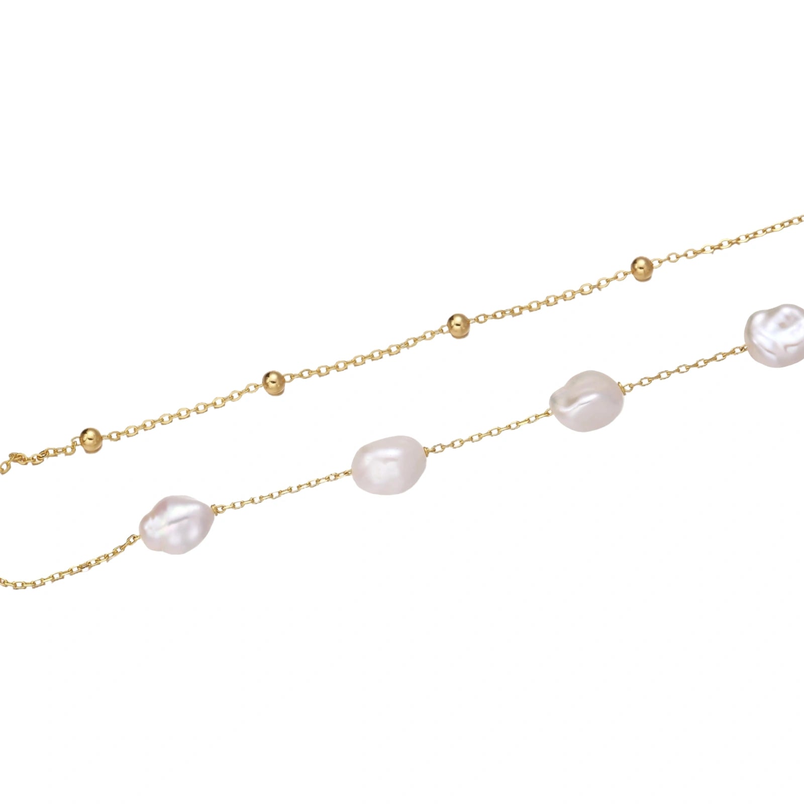 Gold satellite chain with white freshwater pearls on a white background