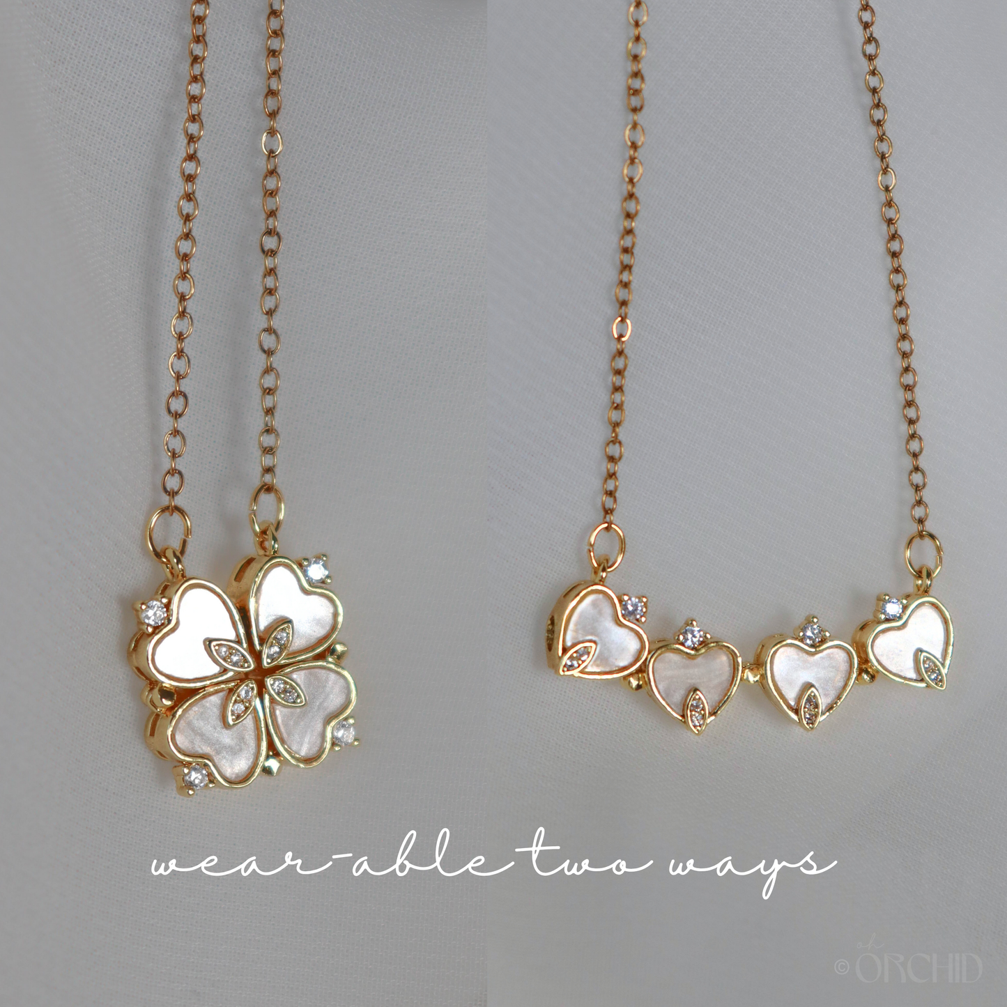 Two gold necklaces with heart designs.