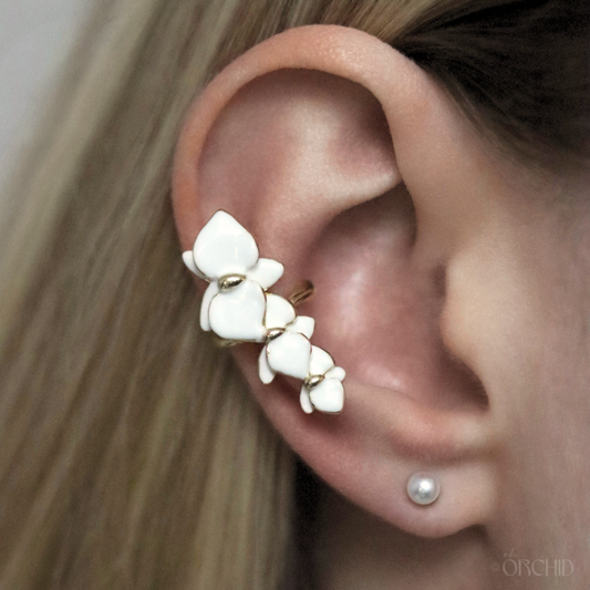 Orchid Flower Ear Cuff | No Piercing 14K Gold Ear Cuff | Elegant Floral Jewelry For Her | Orchid Earring Cuff | White Gold Orchid Jewelry