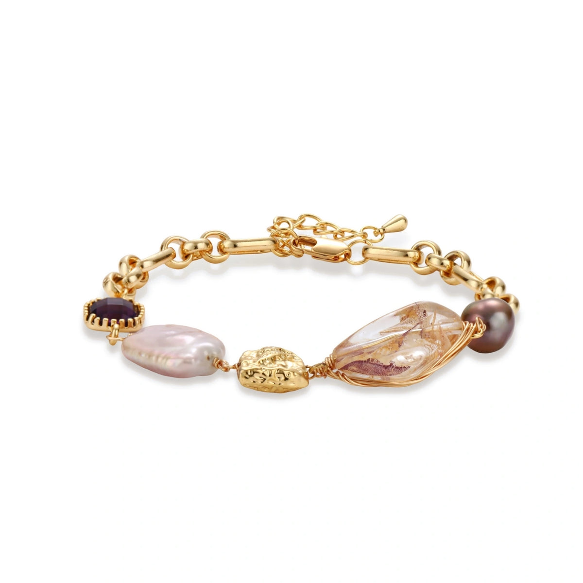 Marceline Pearl Chain Bracelet, close-up of the baroque pearl and stone stations