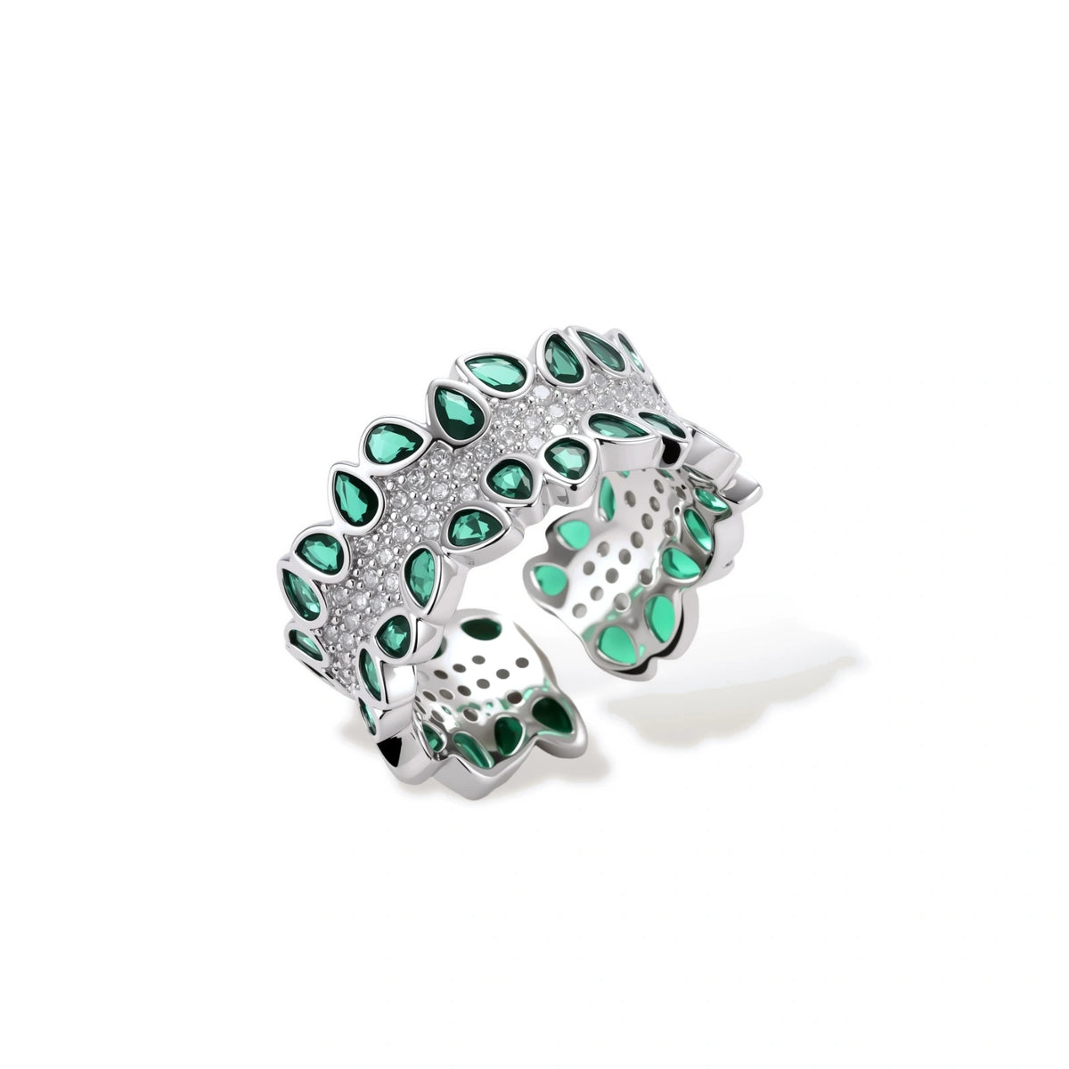 Verity Green Zirconia Ring, angled view showing the bezel-set green stones and the open adjustable back