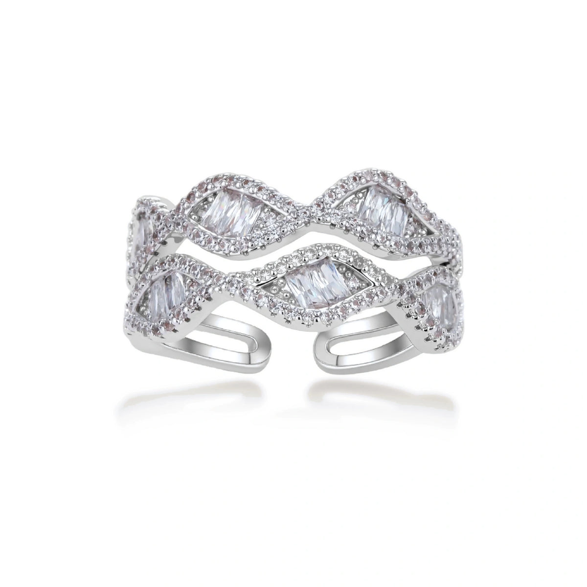 Wave Symphony Ring in white gold-plated recycled brass with baguette zirconia