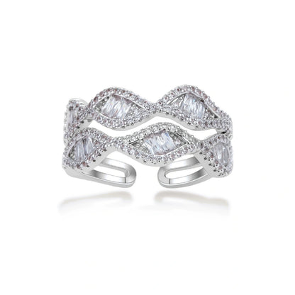 Wave Symphony Ring in white gold-plated recycled brass with baguette zirconia