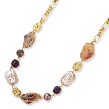 Seraphina Mixed Pearl Necklace, close-up of the baroque pearls and stone stations