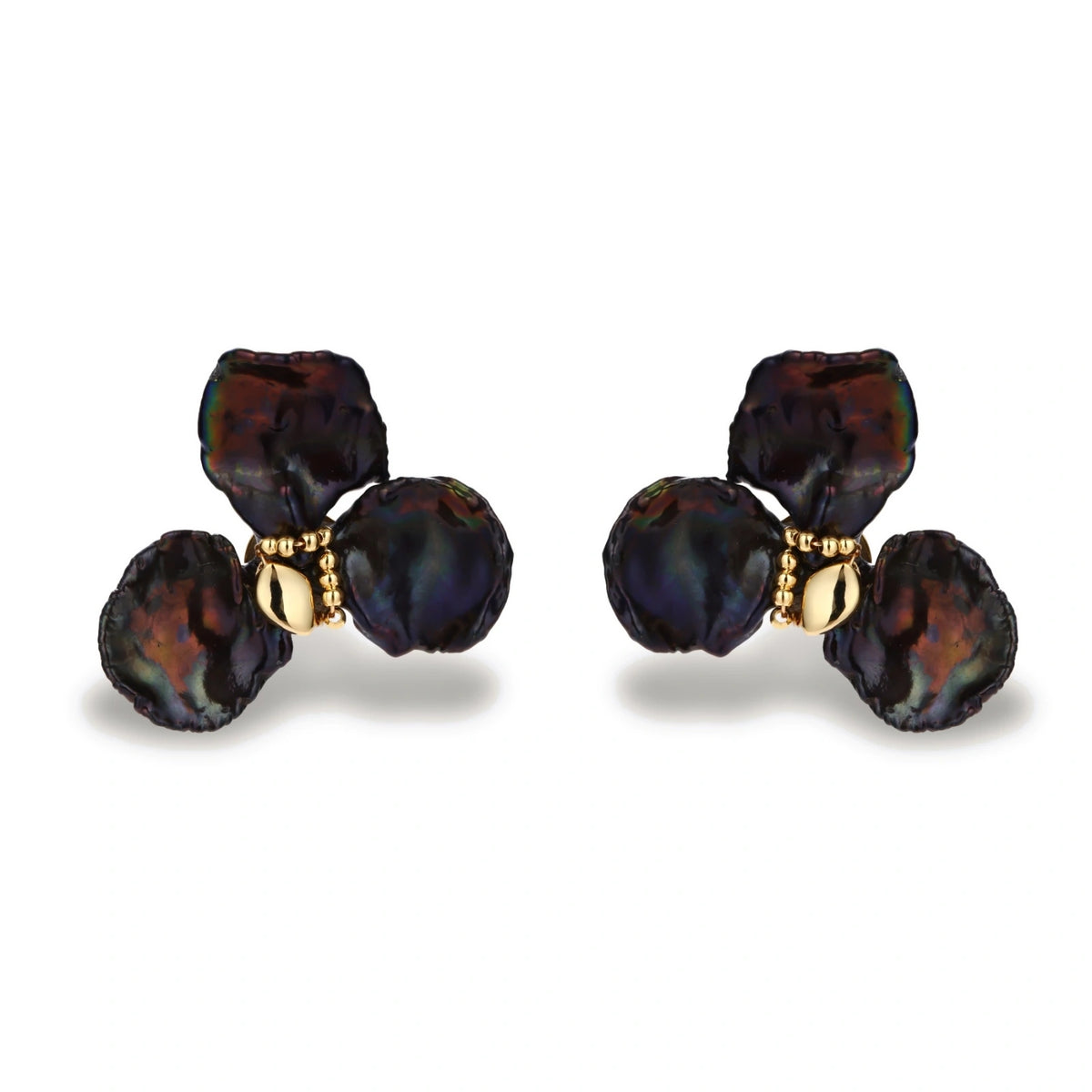 Seraphina Bloom Pearl Earrings, pair laid flat showing the peacock and bronze pearl tones