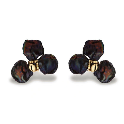 Seraphina Bloom Pearl Earrings, pair laid flat showing the peacock and bronze pearl tones