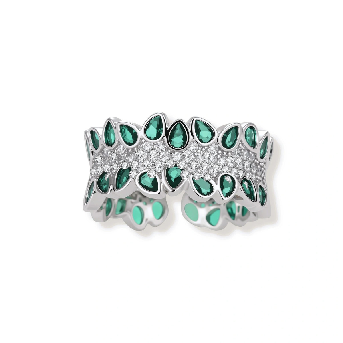 Verity Green Zirconia Ring, front view of the wide band edged with pear-cut green zirconia around a clear pavé row