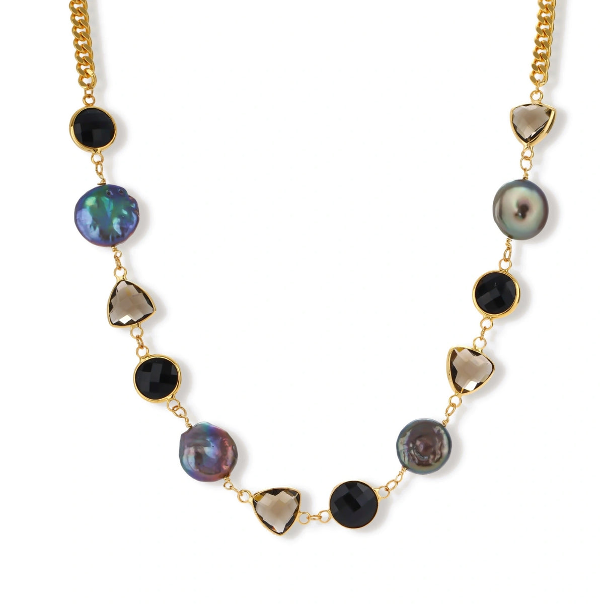 Delphine Baroque Statement Necklace, gold-tone chain with black stone, brown stone, and baroque pearl stations, full view