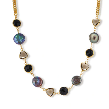 Delphine Baroque Statement Necklace, gold-tone chain with black stone, brown stone, and baroque pearl stations, full view