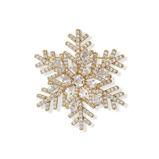 Noelle Snowflake Brooch, front view of the pavé six-point snowflake with a baguette cluster centre in gold-tone brass