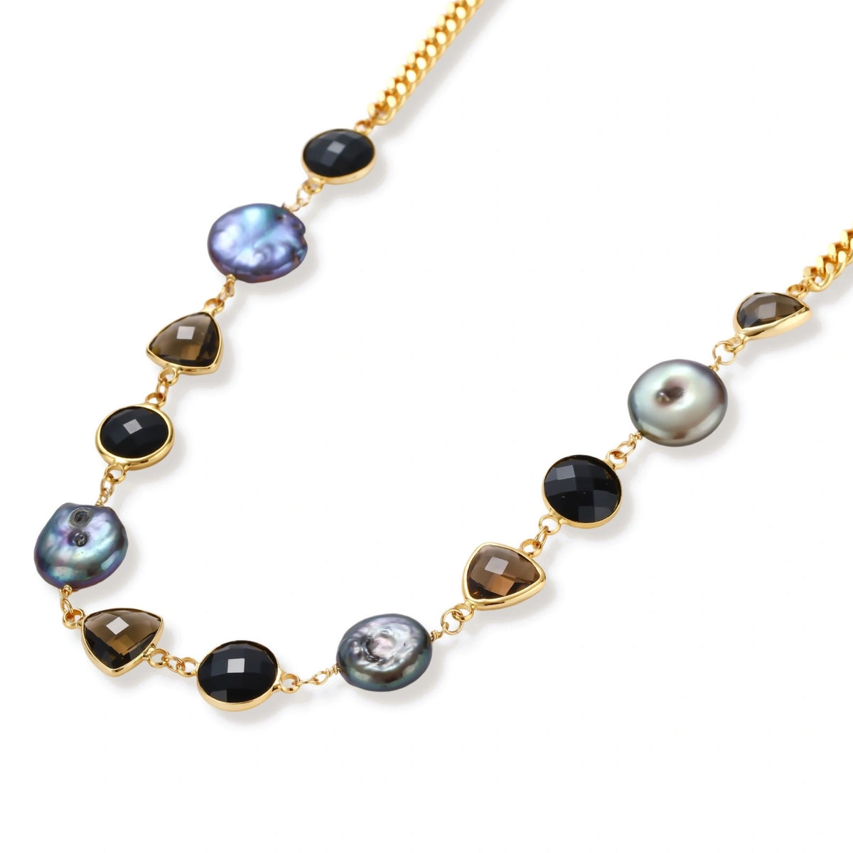 Delphine Baroque Statement Necklace, angled view showing the bezel-set mixed stations