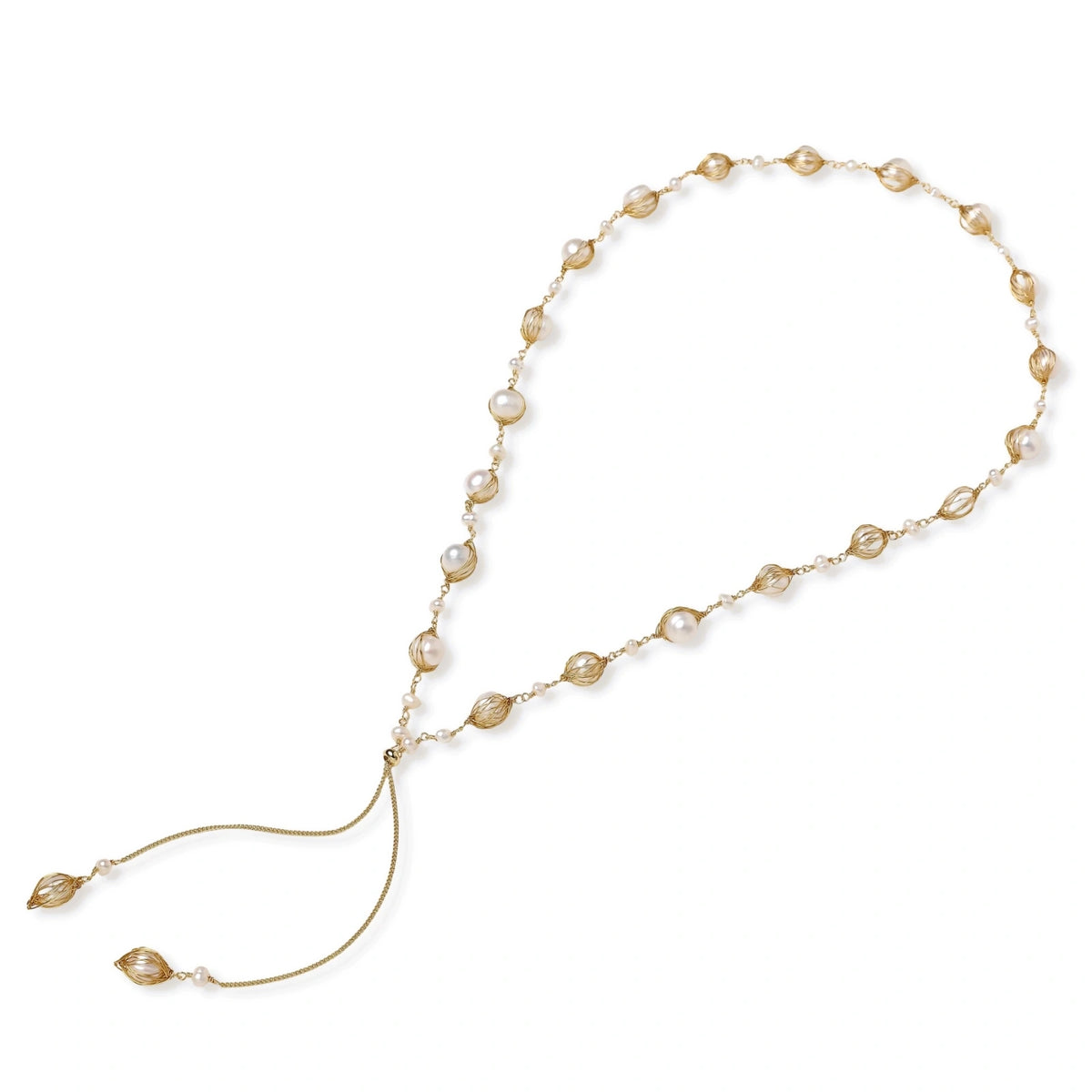 Golden Pearl Lariat Y-drop detail with lantern-caged pearls