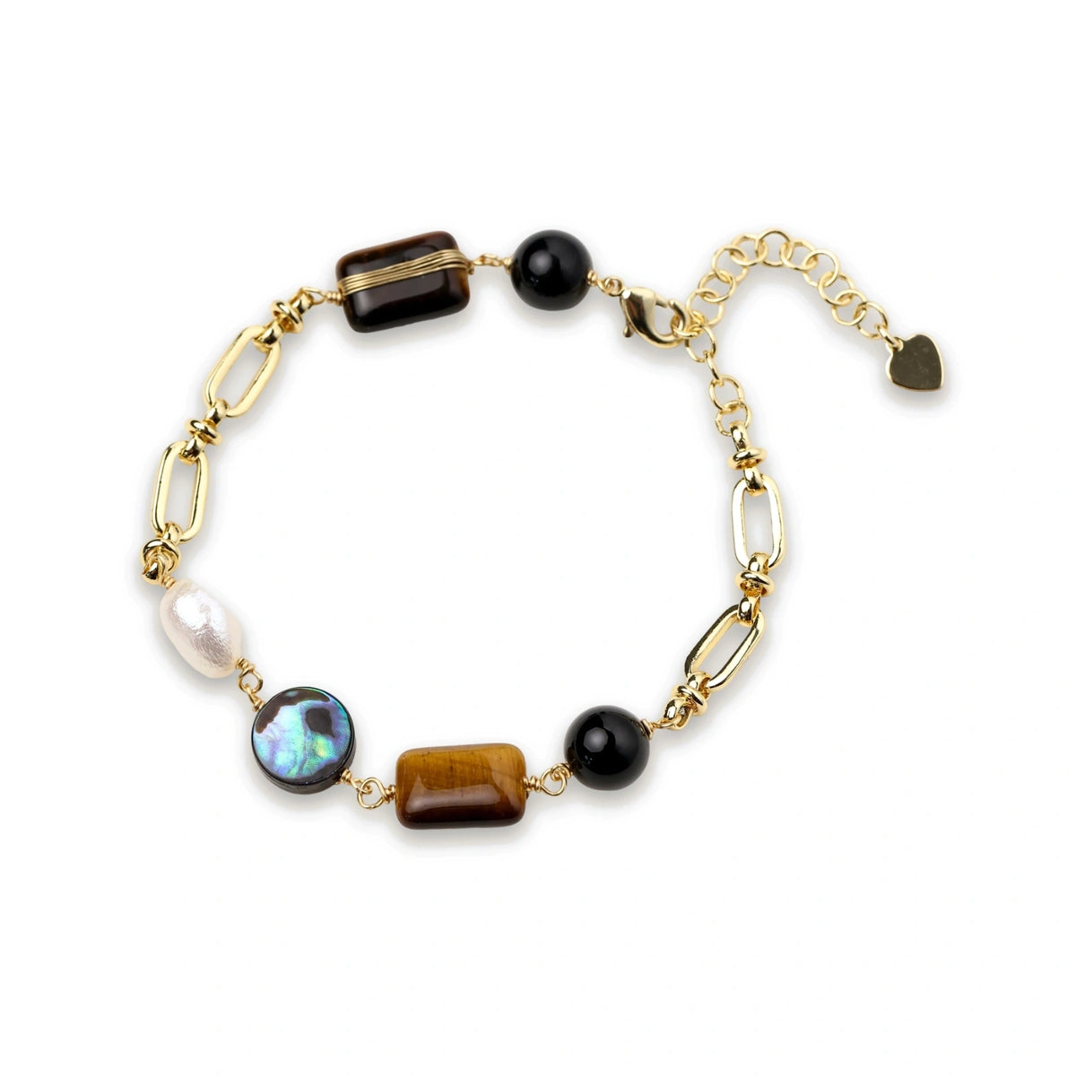 Earth Elements Bracelet, tiger's eye, obsidian, pearl and abalone beads on a gold paperclip chain
