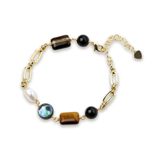 Earth Elements Bracelet, tiger's eye, obsidian, pearl and abalone beads on a gold paperclip chain