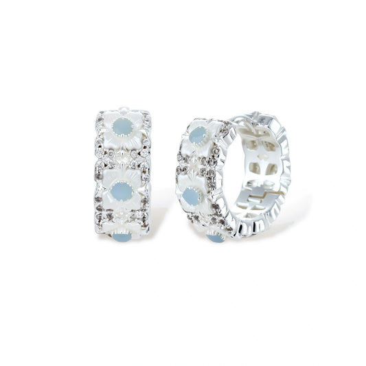 Josephine Daisy Hoop Earrings, silver-tone daisy huggie hoops, front view