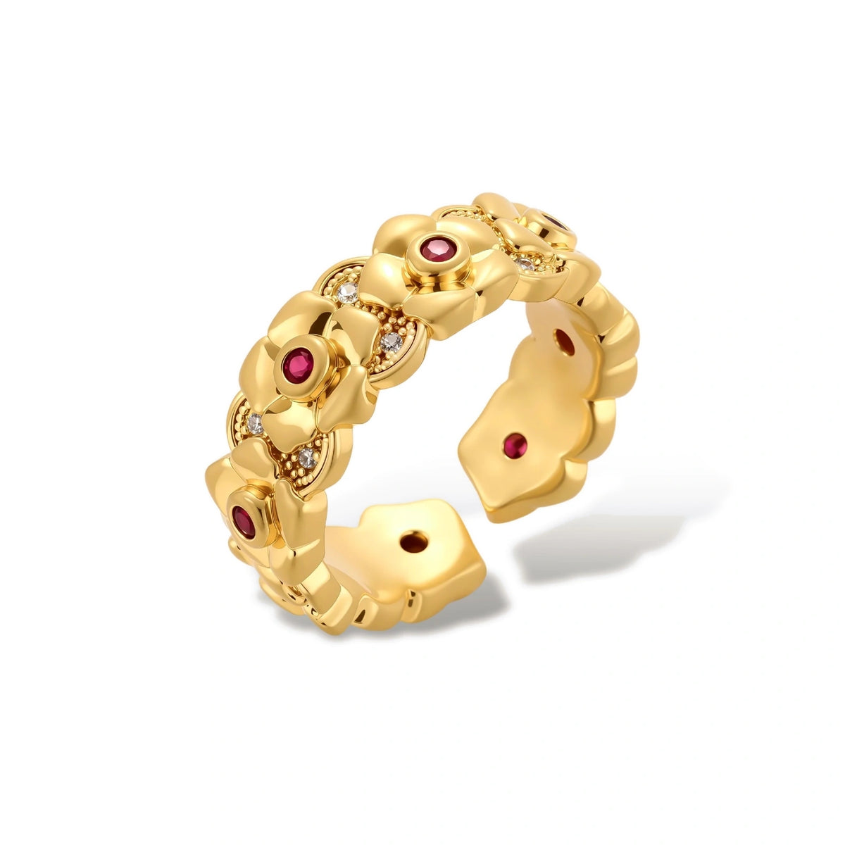 Marigold Bloom Ring gold-tone brass open-band ring with floral motifs and red zirconia