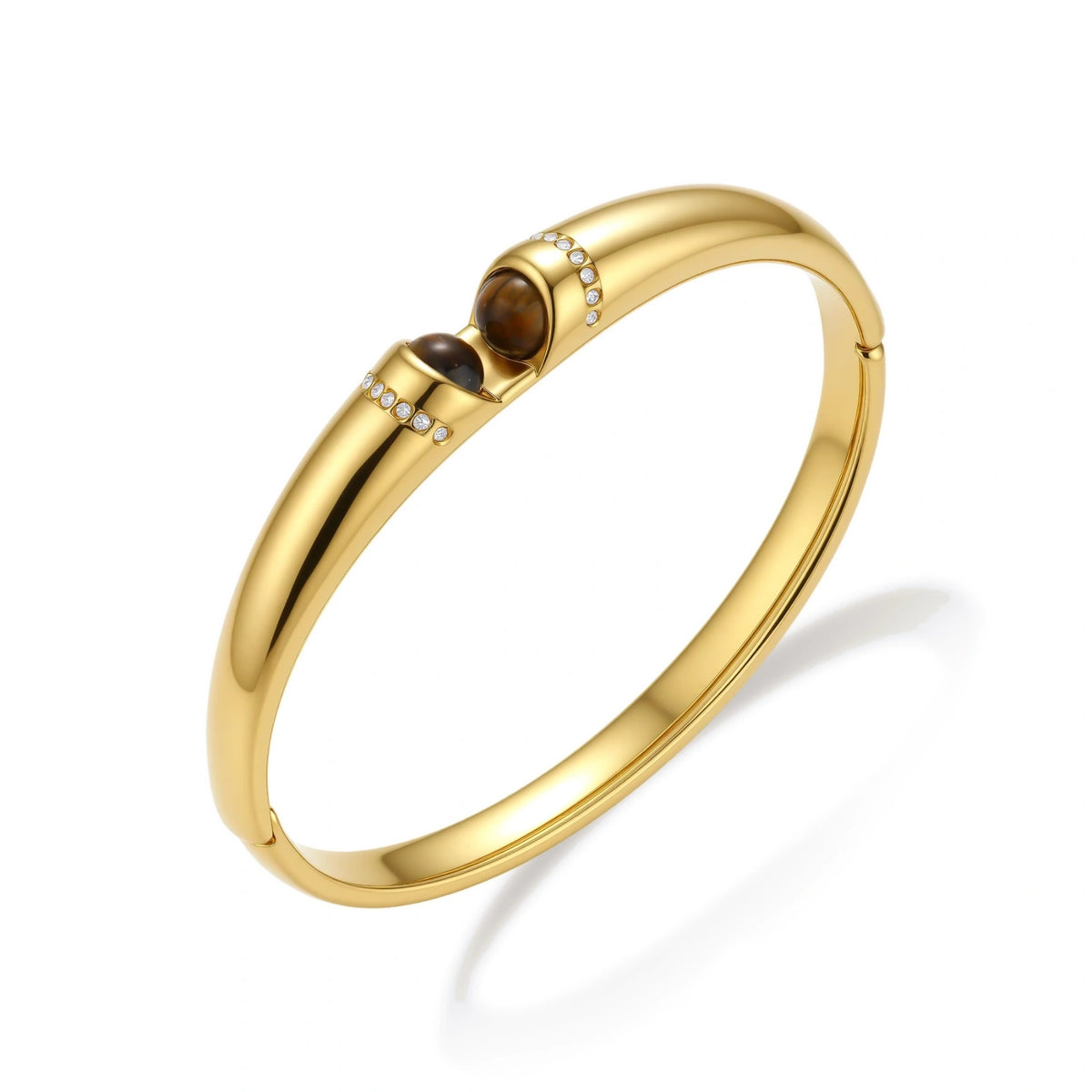 Lucienne Tiger's Eye Bangle, angled view showing the hinge and band