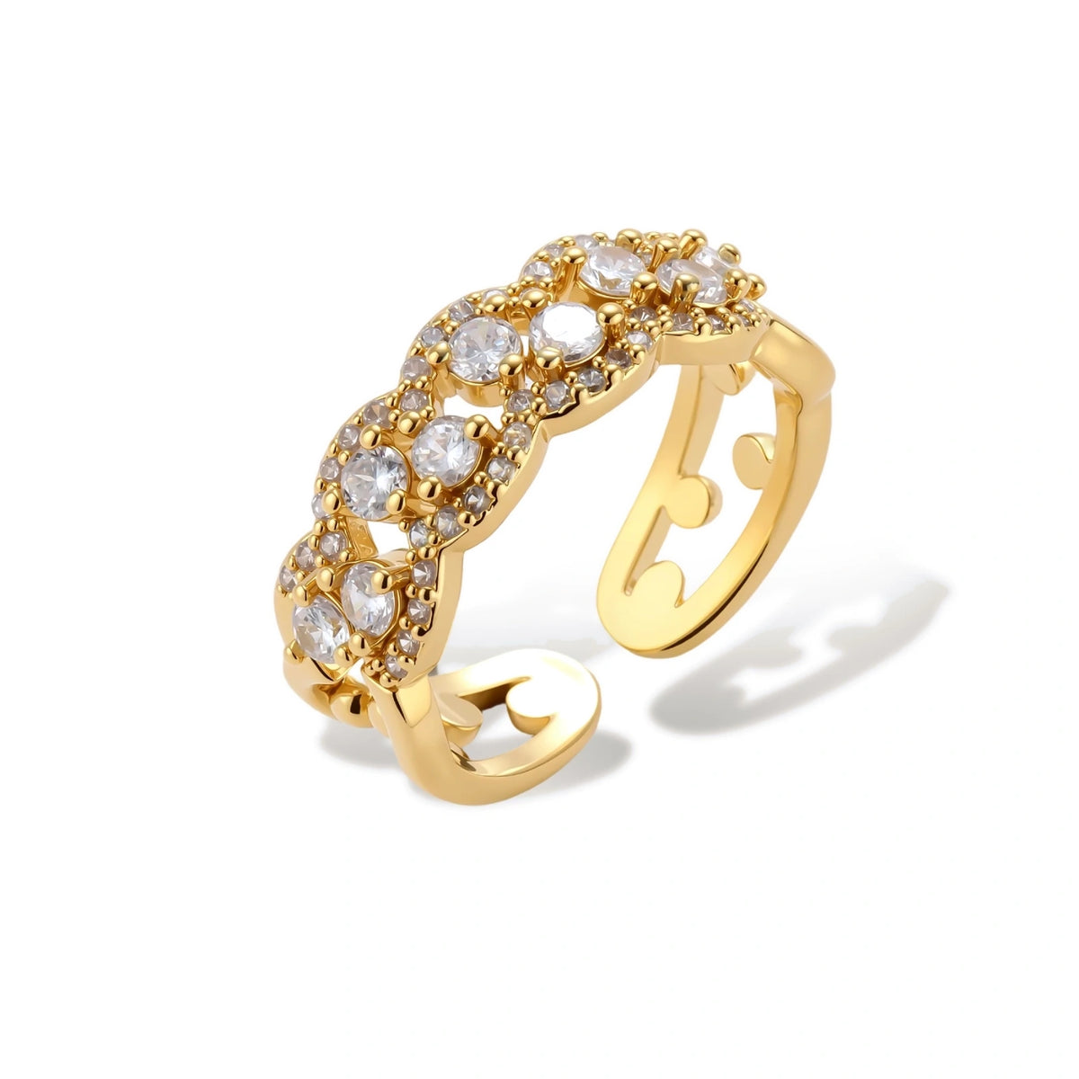 Cosima Cluster Chain Ring, gold-tone chain-link ring with zirconia stones, front view
