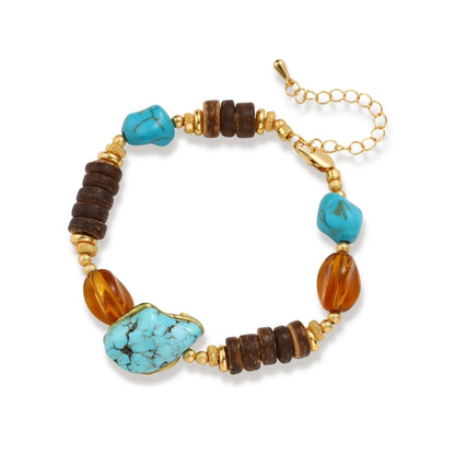 Isolde Turquoise Wood Bracelet, turquoise and wood beaded bracelet with gold-tone spacers