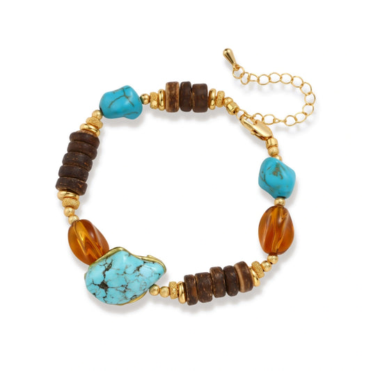 Isolde Turquoise Wood Bracelet, turquoise and wood beaded bracelet with gold-tone spacers