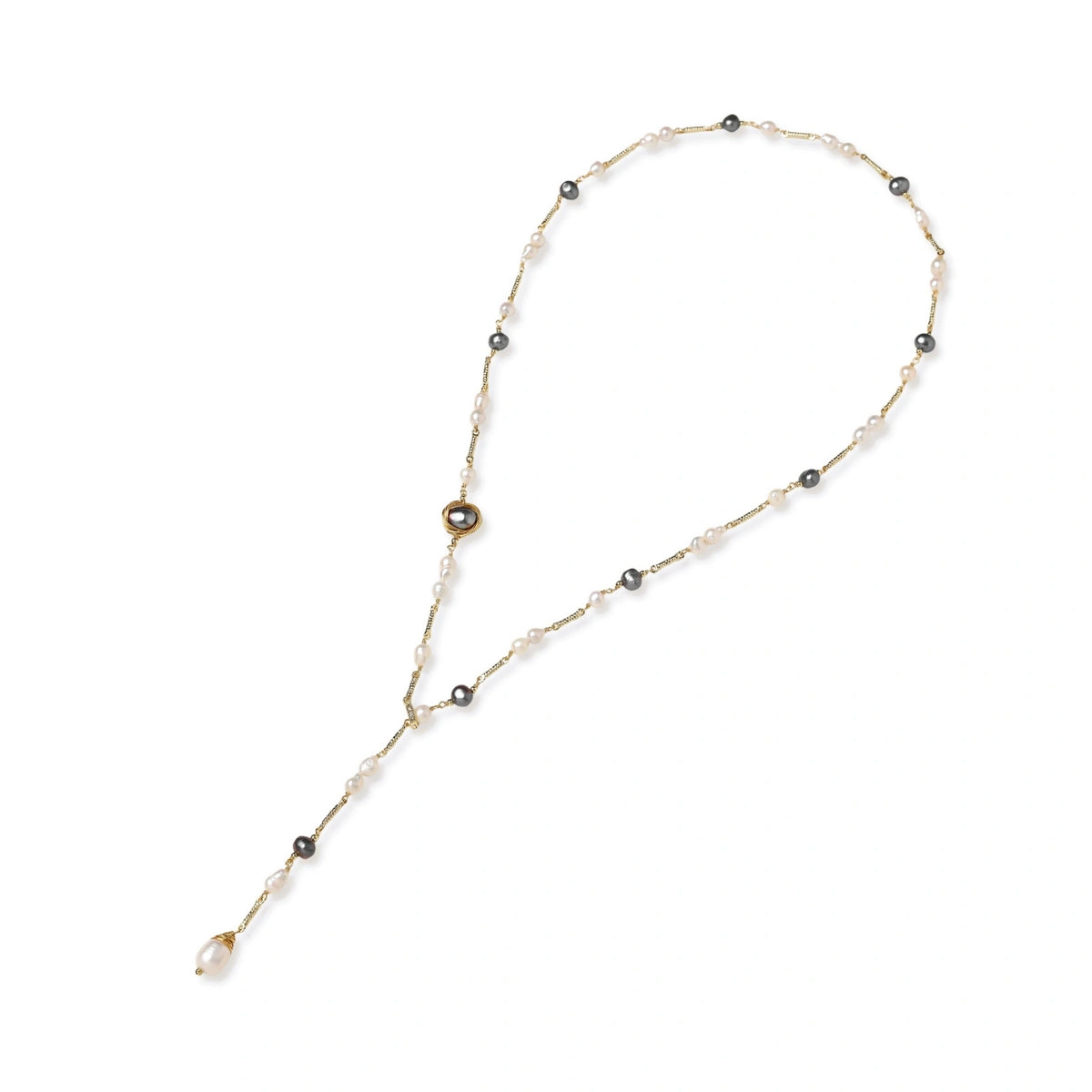 Twilight Pearl Lariat Y-drop detail with wire-wrapped pearl